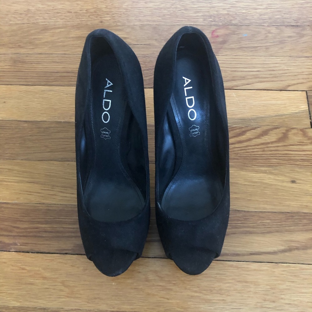 Aldo Black Suede Peep Toe Pumps